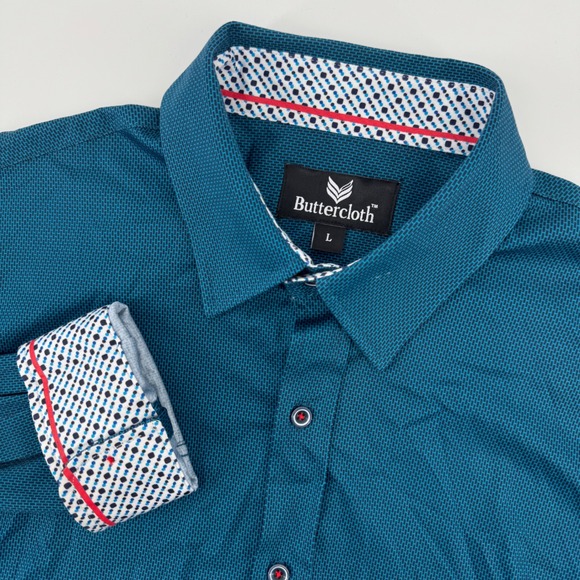 Buttercloth Mens L Long Sleeve Button Up Shirt Dress Shirt Teal Geometric - Picture 1 of 6